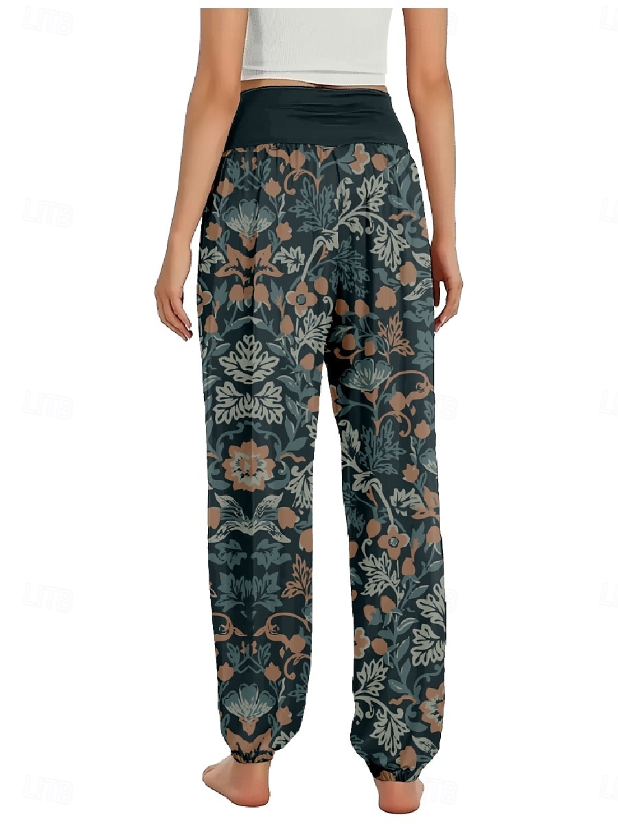 Dam Linneinspirerade byxor Brett skaft Byxor Etnisk Stil Ledigt Boho Fullängd Hög midja Blommig Löv Tropisk Ficka Elastisk midja Tryck Mateial som andas Mjuk Microelastisk Utomhus Yoga Svart Mörklila 2025 - $21.99 –P11