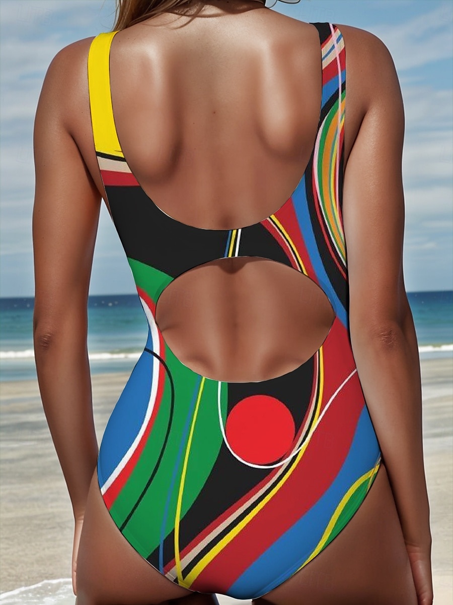Maillots de Bain Femme Monokini Maillot de Bain Taille Haute Dos Nu Contrôle du Ventre Mince Vacances Vintage Graphique Géométrique Col U Sans Manches Maillots de Bain de 2025 ? $26.99 –P2
