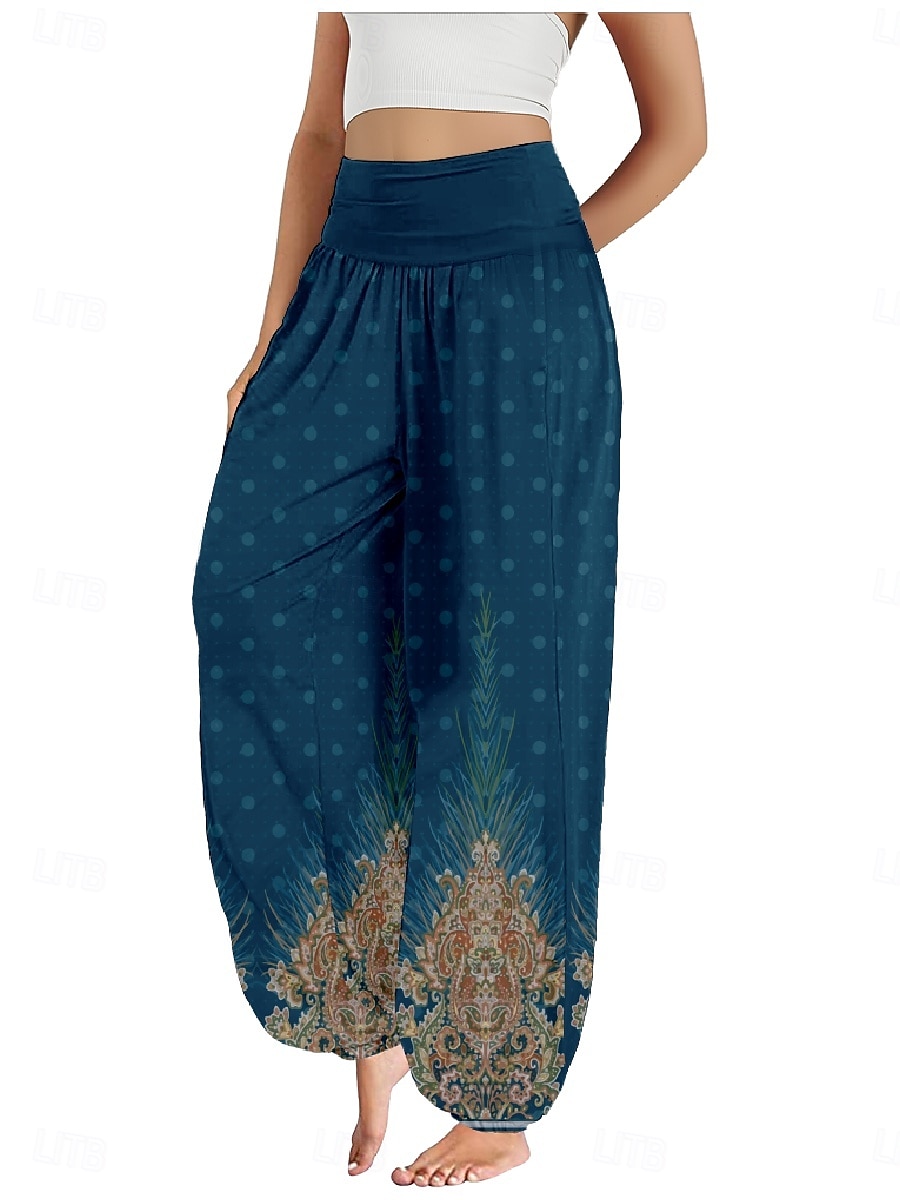 Dam Linneinspirerade byxor Brett skaft Byxor Etnisk Stil Ledigt Boho Fullängd Hög midja Grafiska tryck Ficka Elastisk midja Tryck Mateial som andas Mjuk Microelastisk Utomhus Yoga Svart Blå Purpur 2025 - $21.99 –P10