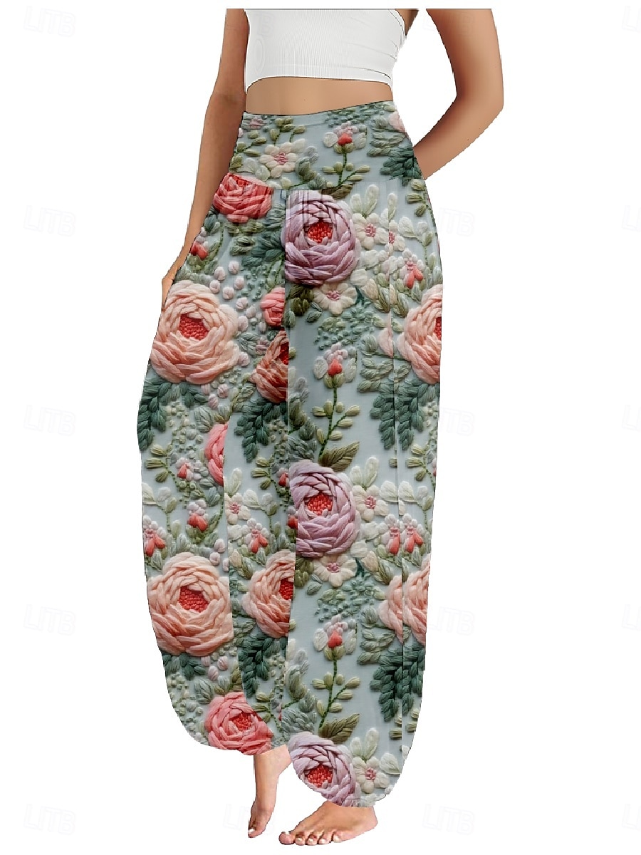 Femmes Pantalon inspiré du lin Jambe large Pantalons Style Ethnique Occasionnel Boho Longueur complète Taille haute Fleuri Avec Poches Taille Élastique Impression Respirabilité Doux Micro-Élastique de 2025 ? zł93.99 –P4