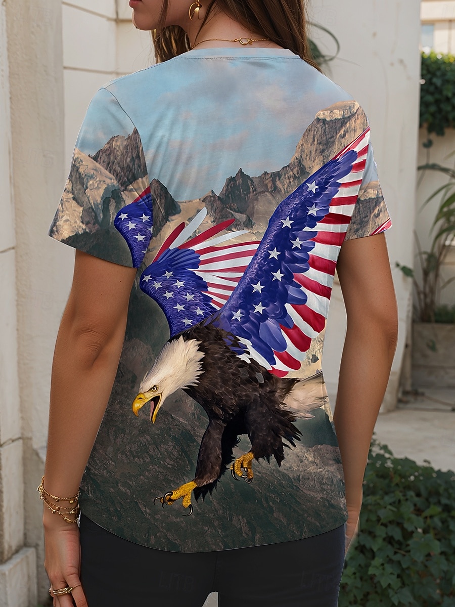 Mujer Camiseta Estampado Graphic Animal Bandera estadounidense Vintage Elegante Clásico Manga Corta Escote en Pico Tops regulares Diario Fin de semana Azul Piscina Verano Primavera 2026 - $21.99 –P2
