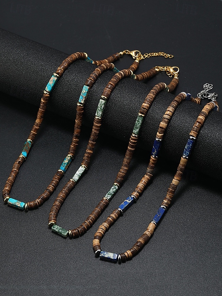 Collier de perles en bois naturel pour homme avec des accents turquoise, style surfeur bohème, bijoux réglables pour la plage, les festivals et les tenues décontractées de 2025 ? $9.99 –P6