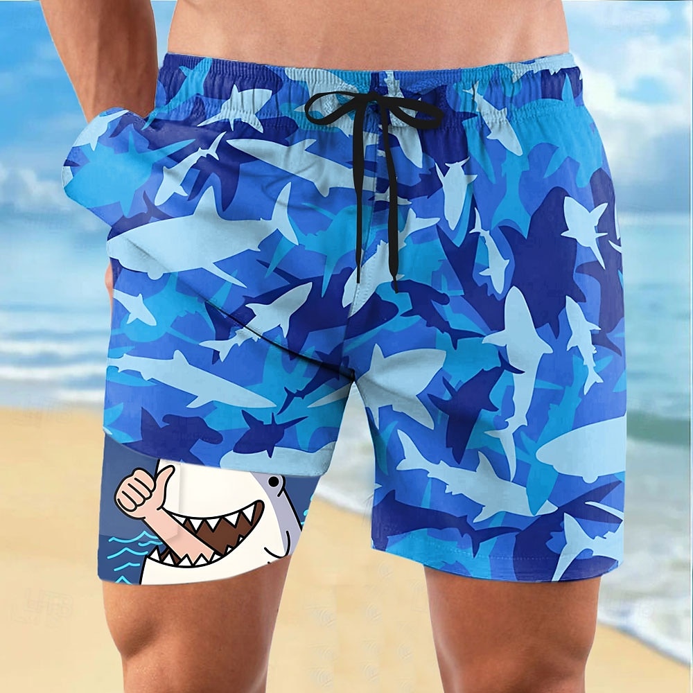 Herr Haj Rolig Havsvarelser Fodrade shorts 2 i 1 simshorts Badshorts Medium Midja Hawaiisk Semester Standkläder Sidfickor Med kompressionsfoder Elastisk dragsko i midjan Designer Kläder 2025 - $21.99 –P1