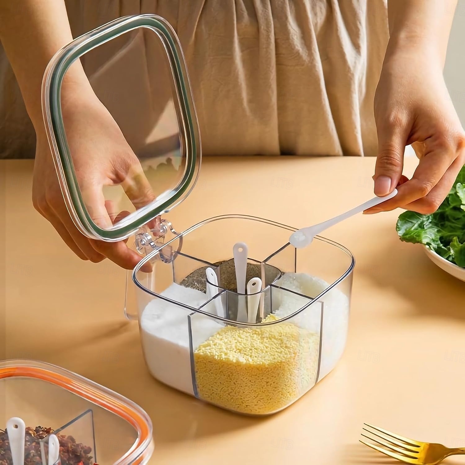 Conjunto de potes de condimentos com 2 compartimentos, caixa de temperos transparente com tampas e colheres, solução de armazenamento conveniente e organizada para sua cozinha de 2025 por $13.99 –P6