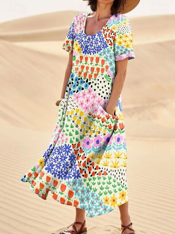 Per donna Abito maxi Abito a Tubino Abito a trapezio Vacanza Casual Boho Uscire Vestibilità standard Floreale Grafico Senza Maniche Collo a U Bianco Rosso Blu Arancione Estate Primavera del 2025 a $29.99 –P5