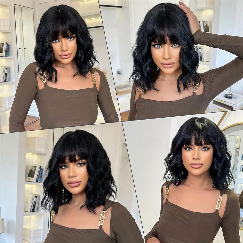 perucas para mulheres peruca preta curta ondulada com franja peruca bob cacheada comprimento dos ombros perucas femininas perucas de fibra sintética resistente ao calor para uso diário em festas de 2026 por $25.99 –P3