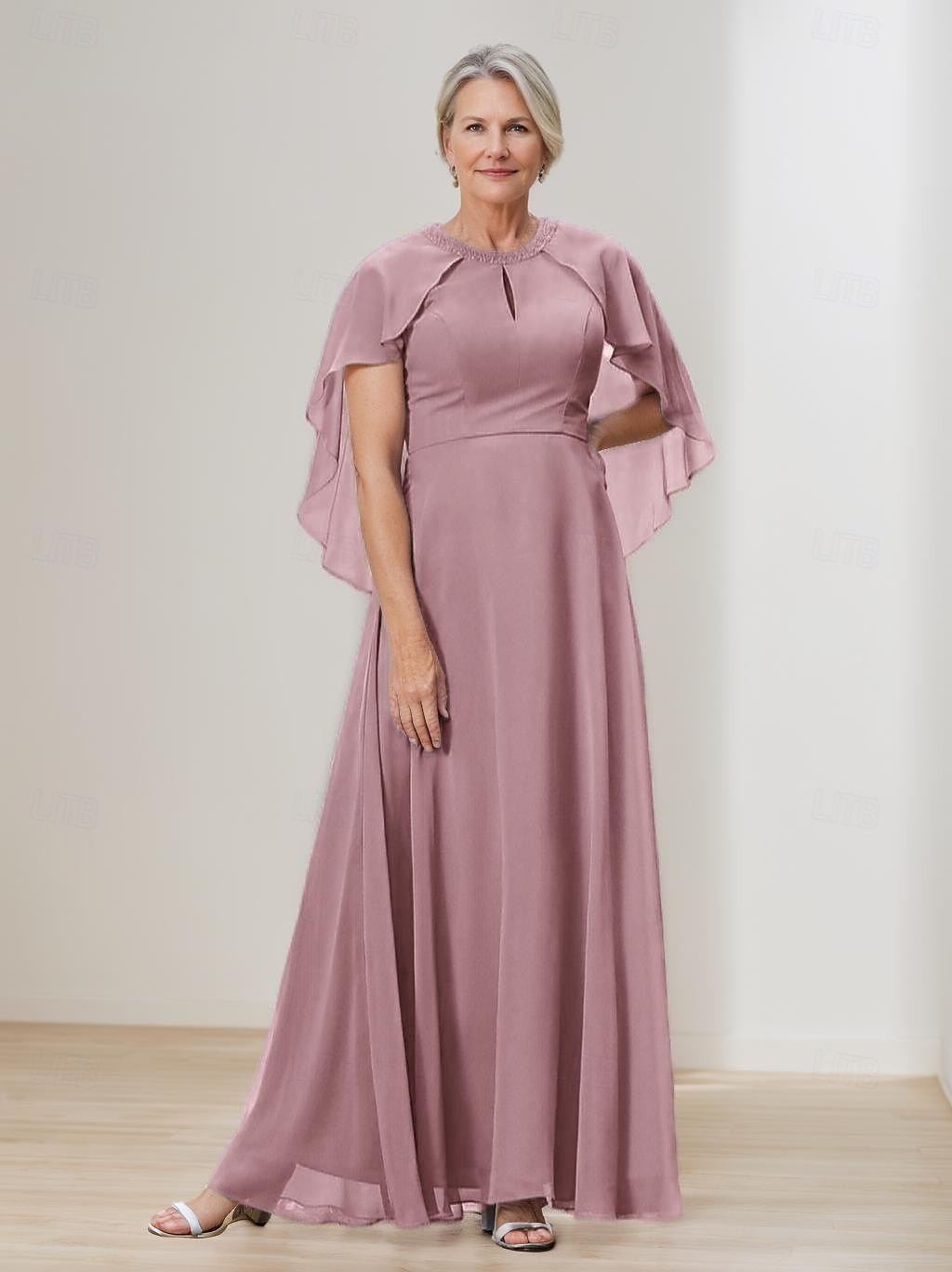Cape Dress A-Line Mother of the Bride Dress Elegant Simple Wedding Guest Dress Minimalist Crew Neck Floor Length Chiffon Beaded Lace Short Sleeve with Lace Beading 2025 - $148.99 –P4
