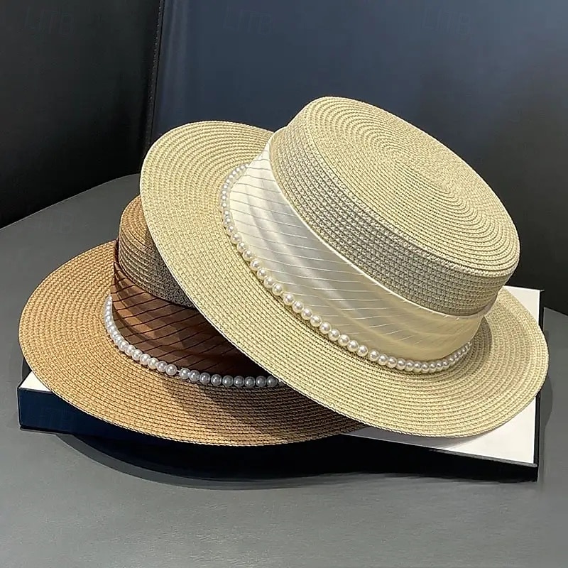 Elegant French Ladies Sun Hat  Natural Grass Weave Pearl Embellishment  Flat Top Design UV Protection Ideal for Beach and Outdoor Use Beach Hat 2025 - $48.99 –P1