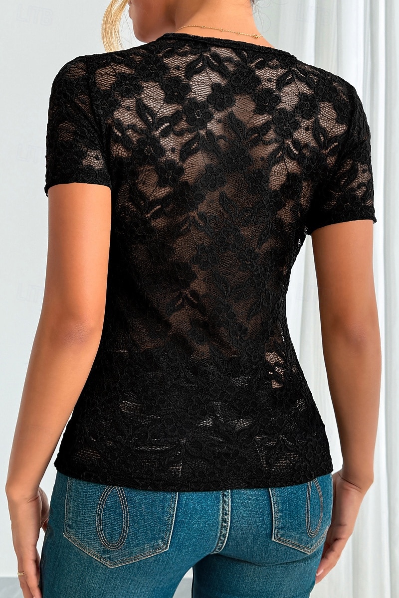 Femmes Chemisier Hauts en dentelle Uni Élégant Moderne Manche Courte Col en V Hauts Réguliers Fête Sortir Dentelle Noir Blanche Vert Été de 2025 ? $21.99 –P18