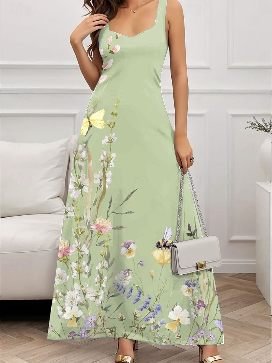 Damen Maxikleid A Linie Kleid Sommerkleid Schulterfreies Kleid Urlaub Lässig Party Date Normale Passform Blumen Grafik Ärmellos Quadrathals Weiß Blau Grün Dunkelblau Sommer Frühling 2025 - $26.99 –P4