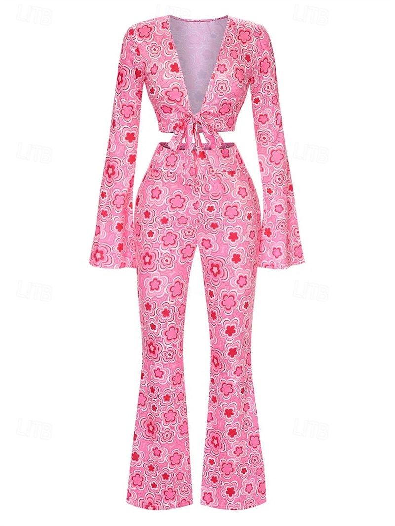 Retro / vintage 1970 luku Asut Lyhyt toppi Bell Bottom Housut Hippi Rusetti Kukka Naisten Halloween Karnevaali Naamiaiset Juhla Arki-asut Aikuisten Toppi Housut Kevät kesä 2025 - $29.99 –P3