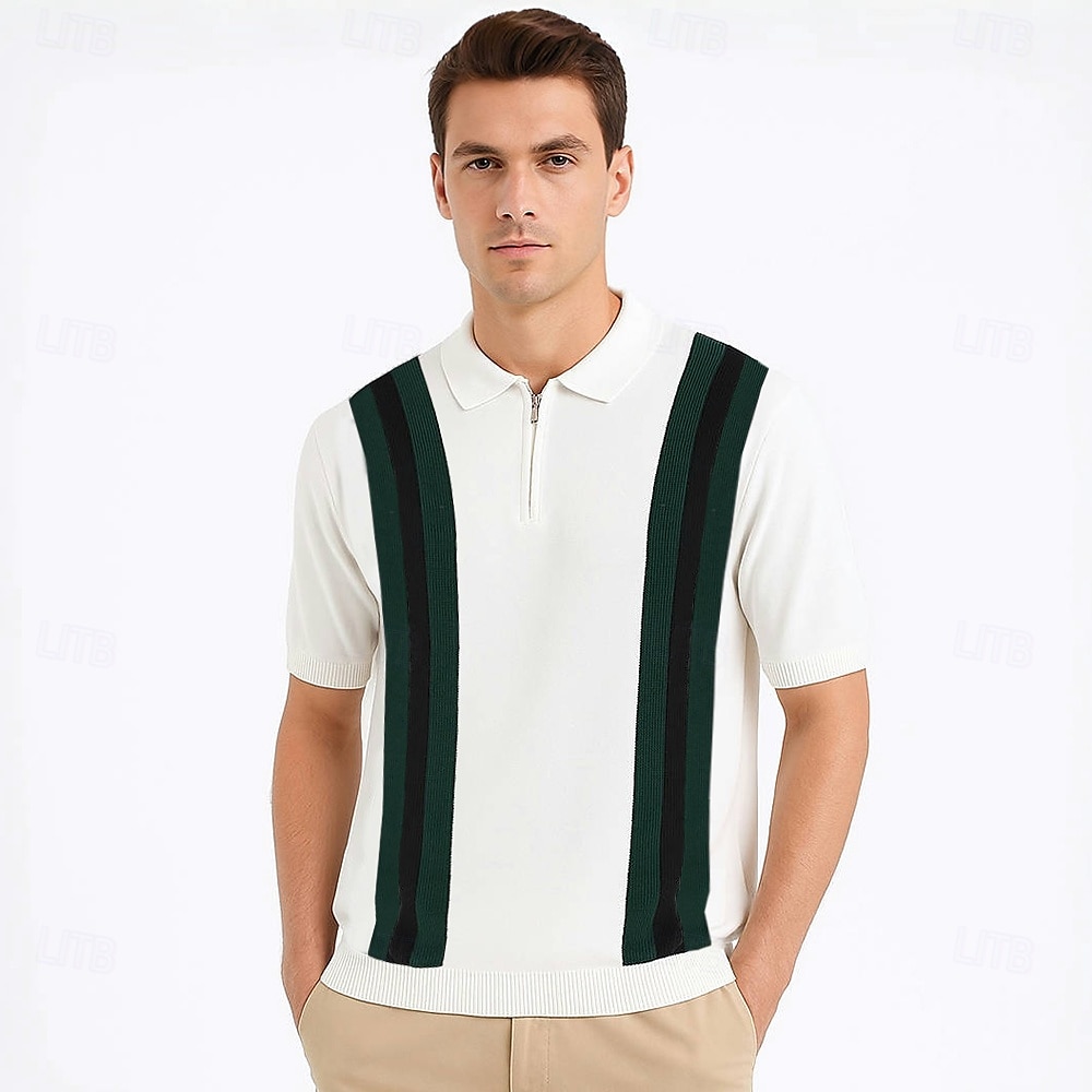Herren Polo Strick-Polopullover Geschäft Lässig Revers Kurzarm Formell Gestreift Streifen Patchwork Sommer Ganzjahres Schwarz Weiß Grün Polo 2025 - $30.99 –P2