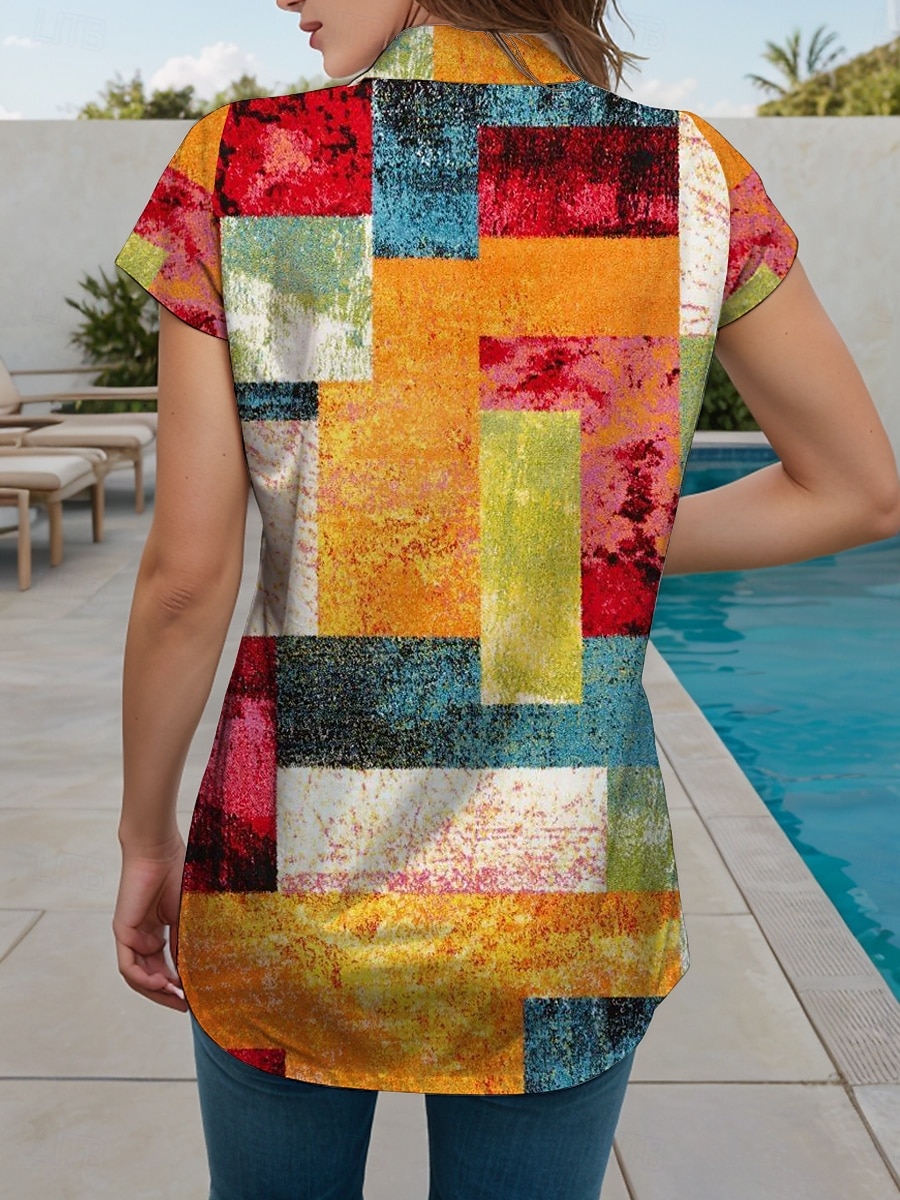 Dames Overhemd Grafisch Geometrisch Vintage Tropisch Dagelijks Korte mouw Kap Overhemdkraag Normale tops Dagelijks Rood blauw Oranje Groen Zomer Lente 2025 - $25.99 –P2
