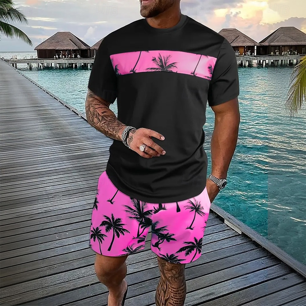 Herr Palmträd 2st T-shirts uppsättningar Summer Tops Kortärmad Korta byxor Rund hals Ledigt Tillflykt Ledigt Utekväll Semesterkläder 3D-utskrift Sommar Blå Rodnande Rosa Grön 2025 - $25.99 –P5
