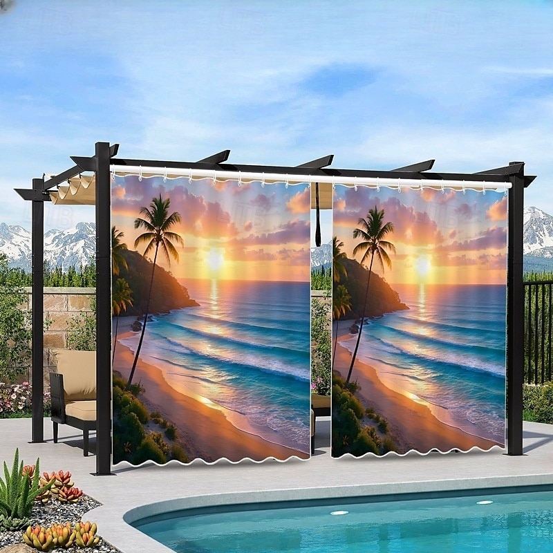 וילון חיצוני Waterproof לפרטיות וילון פטיו מחליק וילונות פרגולה עם חורים 3D נוף חוף אוקיינוס עבור גזיבו מרפסת פטיו מסיבה 1 פאנל 2025 - $34.99 –P2