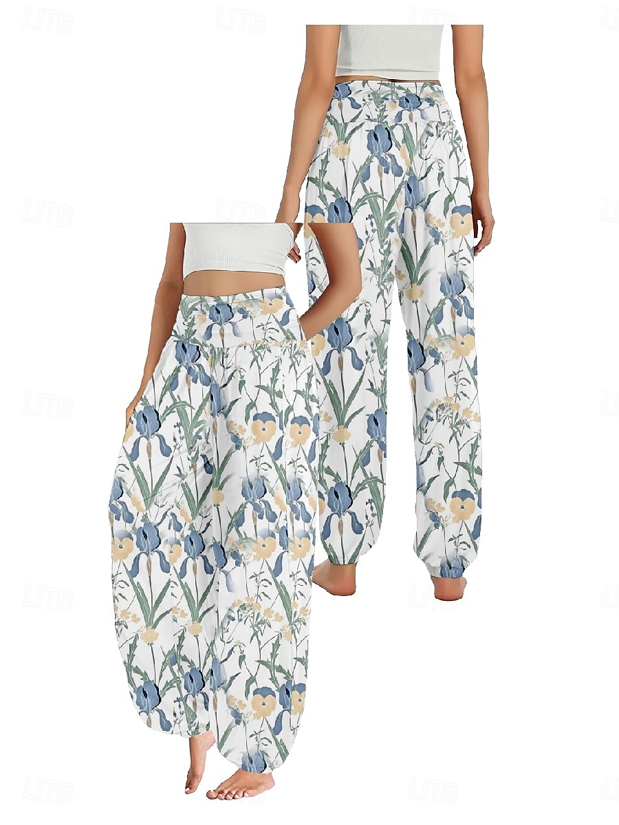 Dam Linneinspirerade byxor Brett skaft Byxor Etnisk Stil Ledigt Boho Fullängd Hög midja Blommig Löv Tropisk Ficka Elastisk midja Tryck Mateial som andas Mjuk Microelastisk Utomhus Yoga Svart Vit 2025 - $21.99 –P6