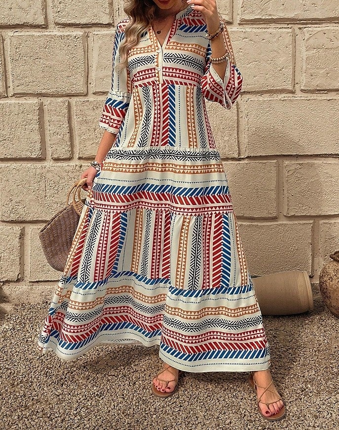 Dame Maxikjole Solkjole Kjole med A-linje Fit And Flare Dress Ferie Fritid Bohem utendørs Fest Ut på byen Normal Grafisk Geometrisk Stamme Ermeløs V-hals Rød Blå Grønn Sommer Vår 2025 - $36.99 –P9