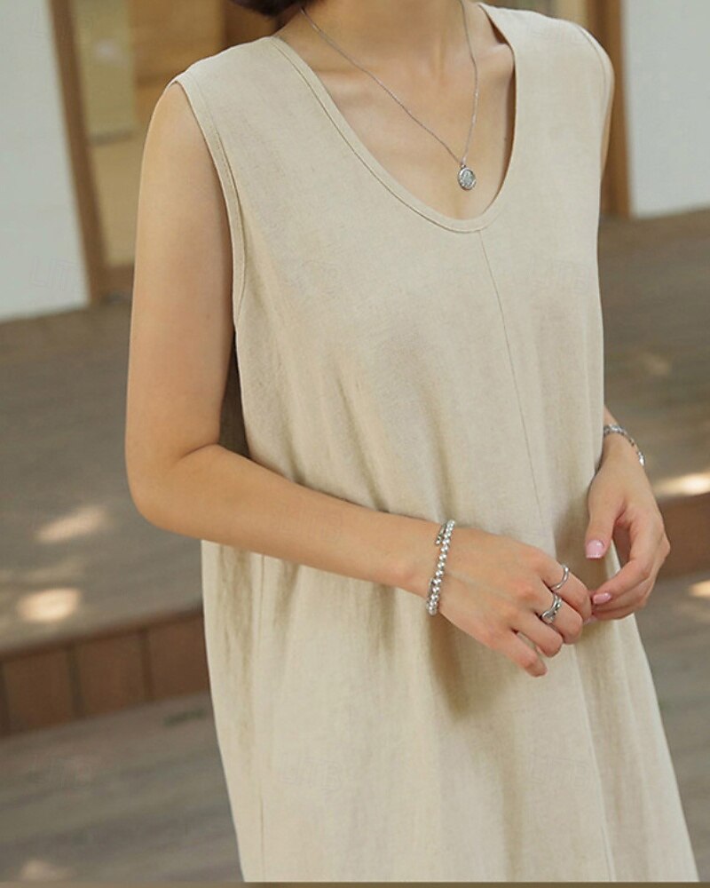 Per donna Abito Midi Abito in cotone e lino Classico Vacanza Quotidiano Uscire Vestibilità regolare Semplice Senza Maniche Scollo a V Marrone Albicocca Estate del 2025 a $42.99 –P6
