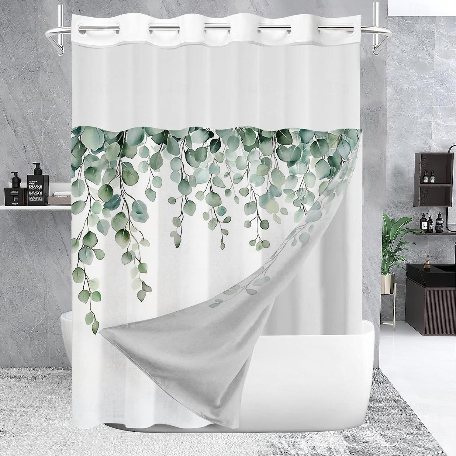 No Hook Shower Curtain 180cm*180cm(70"*70")with Snap-in Polyester Fabric Liner Sheer Top Window Waterproof Double Layer Bathtub Curtain Leaves Pattern 2025 - $41.99 –P4