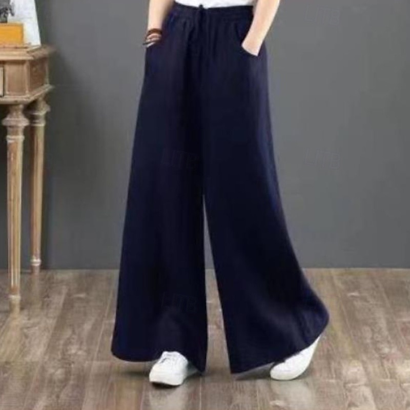 Damen Weites Bein Hose aus Baumwollleinen Stoffhosen Mode Streetwear Volle Länge Natürliche Taille Einfach Tasche Elastisches Kordelzugdesign Bequem Außenbereich Straße Ferien Wochenende Aprikose 2025 - $15.99 –P10