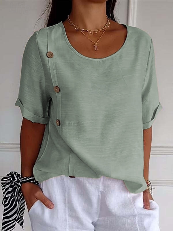 Femmes Chemises en coton et lin Uni Basique Manche Courte Col ras du cou Hauts Réguliers Quotidien Boutons Noir Blanche Vert Véronèse bleu marine Bleu Ciel Été de 2025 ? $16.99 –P1