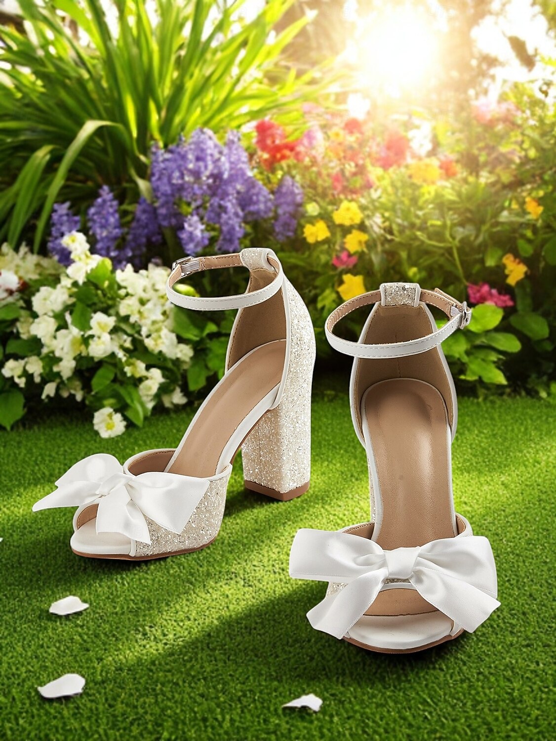 Women's White Glitter Block Heel Wedding Sandals with Ankle Strap and Satin Bow – Elegant Open Toe Bridal Shoes for Garden Ceremonies and Outdoor Events 2025 - $42.99 –P3