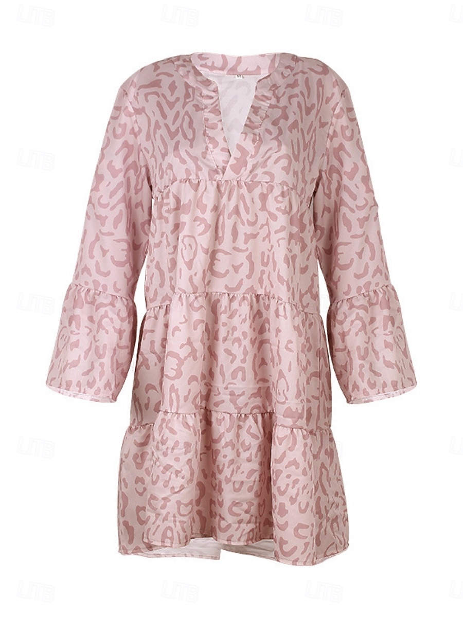 Dam Mini klänning Volangkjol Ledigt Utomhus Utekväll Lös passning Grafisk Leopard 3/4 ärm V-hals Svart Vit Rodnande Rosa Blå Sommar 2025 - $31.99 –P4