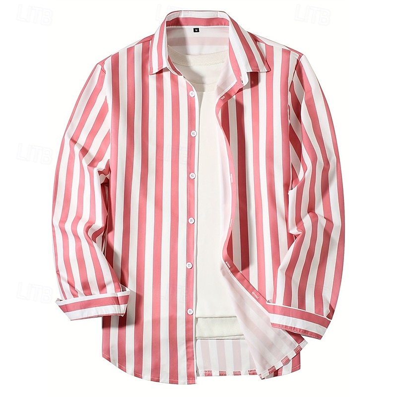 Men's Shirt Summer Shirt Casual Shirt Beach Shirt Button Up Shirt Black Pink Sky Blue Gray Long Sleeve Stripe Lapel Vacation Hawaiian Button-Down Clothing Apparel Polyester Fashion Casual Comfortable 2025 - $28.99 –P7