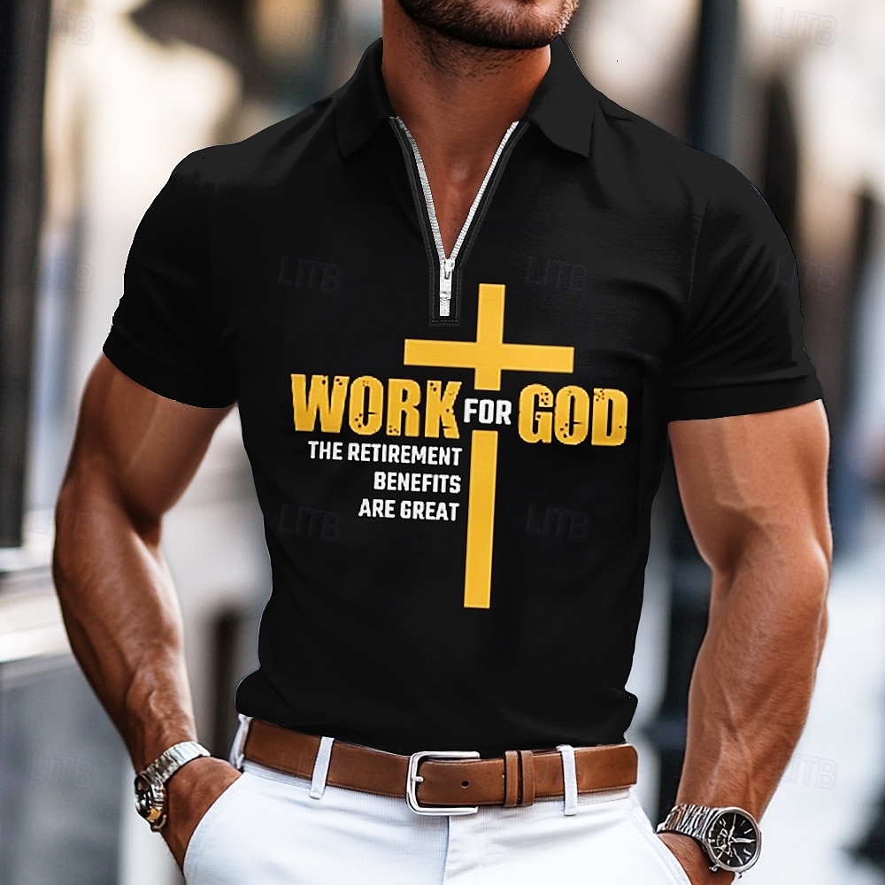 Herr Text / nummer Kors Zip Polo Kortärmad Nedvikt Ledigt vardag Utomhus Fritids- Ledigt / vardag Dragkedja Sommar Svart 2025 - $21.99 –P1