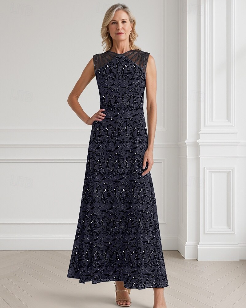 A-Linie Perlen Blau Mutter der Braut Kleid Elegant Luxuriös Illusions-Ausschnitt Bodenlänge Chiffon Ärmellos mit Spitzenperlen Pailletten 2025 - $179.99 –P2