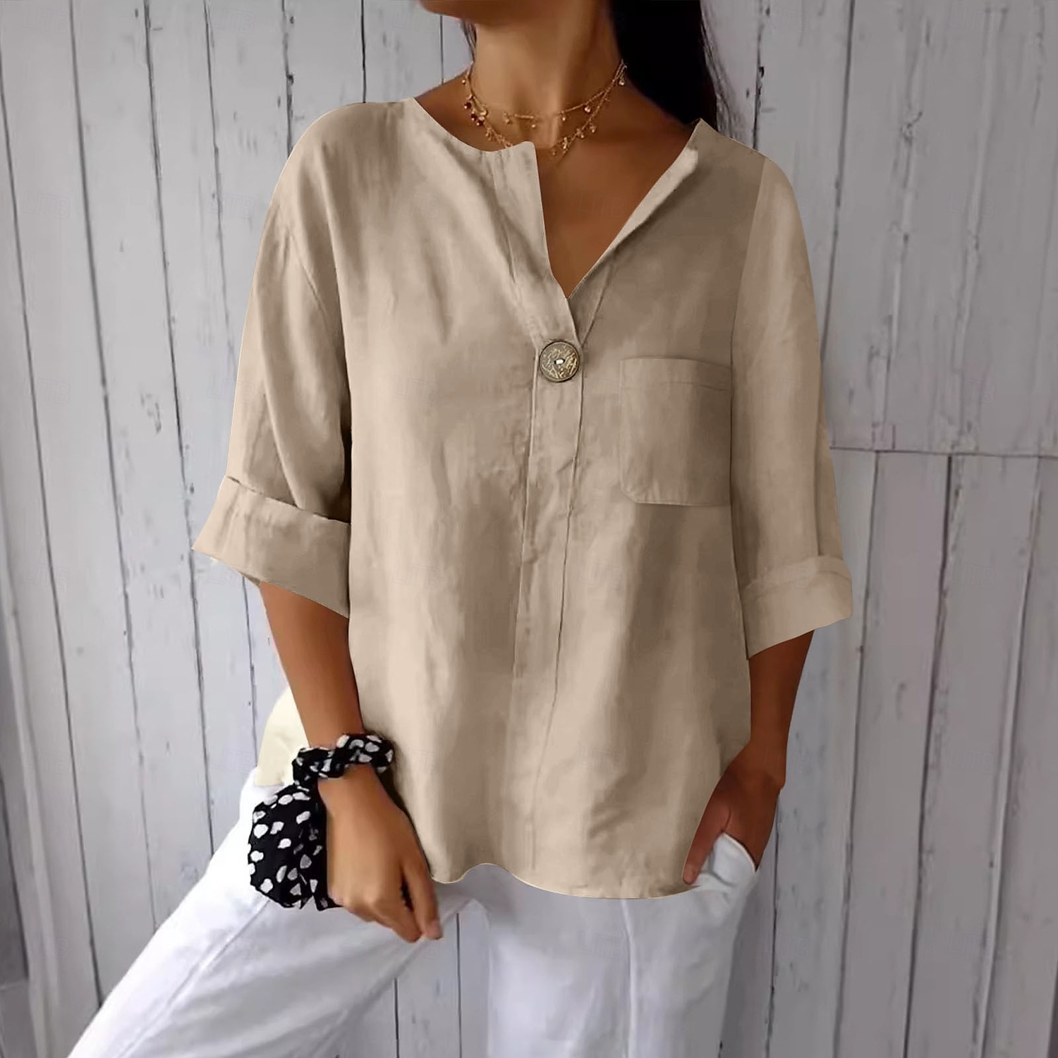 Women's Cotton Linen Blouse Solid Color Elegant Stylish Casual 3/4 Length Sleeve V Neck Regular Tops Daily Holiday Buttons Black White Pink Blue Beige Summer Spring 2025 - $17.99 –P6