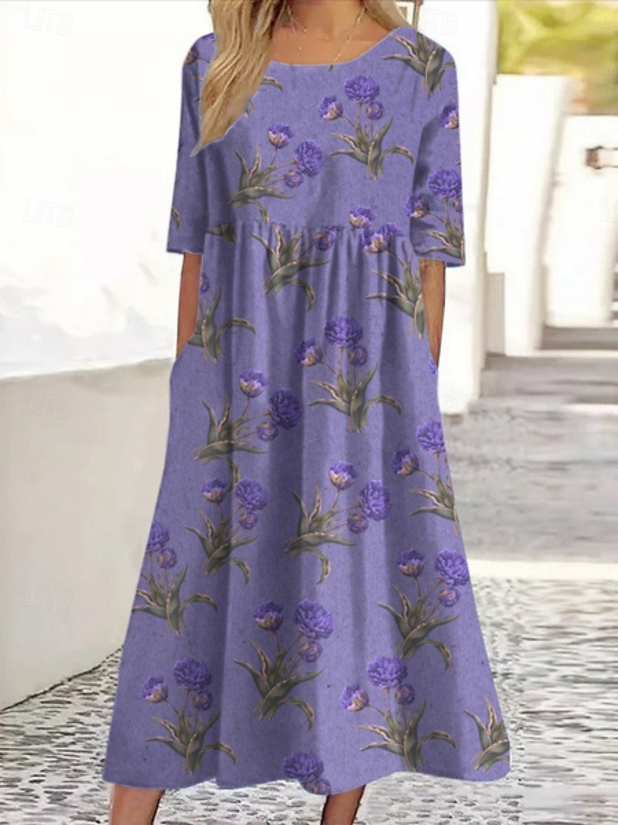 Femmes Robe Midi Robe Décontractée Robe de patinage Robe d'été Mode Moderne Quotidien Week-end Coupe régulière Fleuri Demi Manches Col en V Blanche Bleu Violet Kaki Été de 2025 ? $21.99 –P4