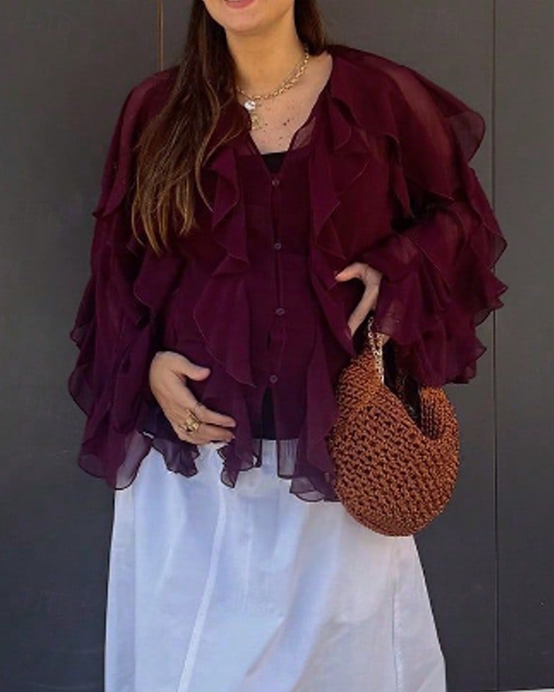 Femmes Chemise Chemisier Uni Élégant Moderne manche longue Col en V Hauts Réguliers Fête Sortir Superposé Vin Été de 2025 ? $34.99 –P6