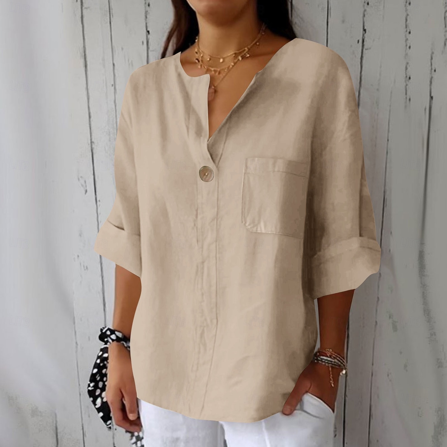 Women's Cotton Linen Blouse Solid Color Elegant Stylish Casual 3/4 Length Sleeve V Neck Regular Tops Daily Holiday Buttons Black White Pink Blue Beige Summer Spring 2025 - $17.99 –P5