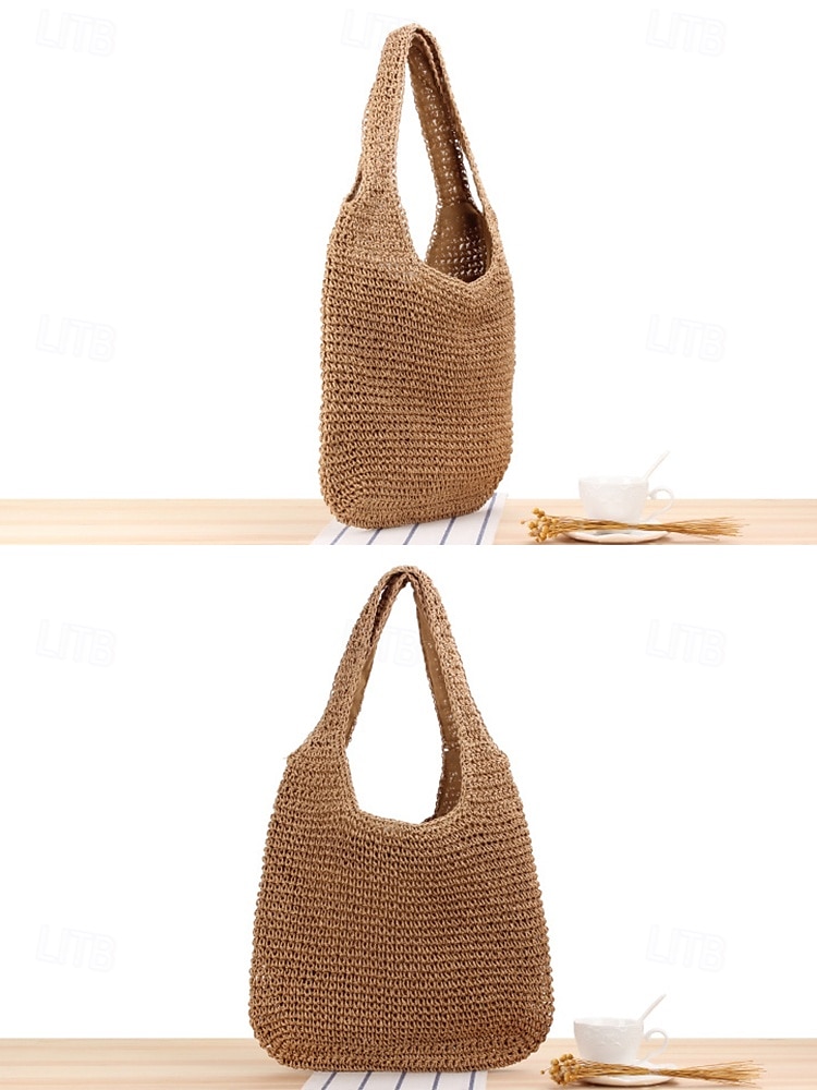 dames handgemaakte geweven stro schoudertas - grote boho strandtas voor zomerreizen, vakantie en casual outfits bruin beige 2025 - $19.99 –P7