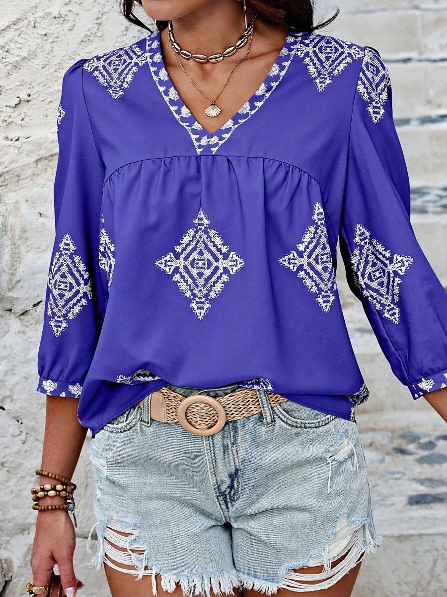Mulheres Blusa Geométrica Boêmia Casual Manga 3/4 Manga Princesa Decote V Tops regulares Diário Imprimir Rosa Azul Marinha Roxo Verde Verão Primavera de 2025 por $22.99 –P20