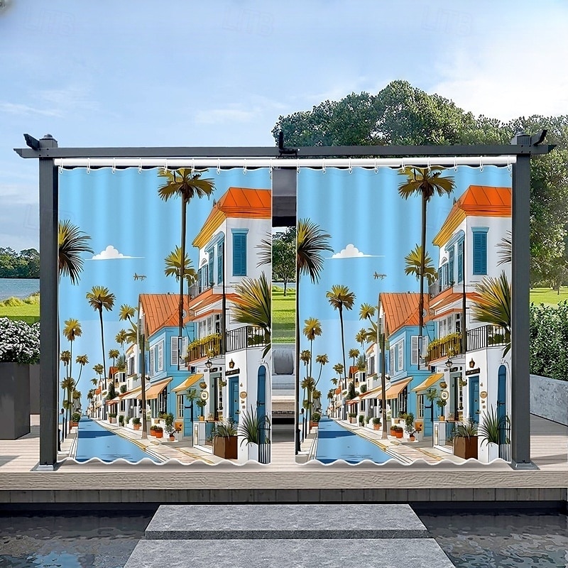 Rideau extérieur imperméable rideau de patio coulissant rideaux de pergola œillets paysage 3D vue de la ville pour gazebo balcon porche fête 1 panneau de 2025 ? $34.99 –P10