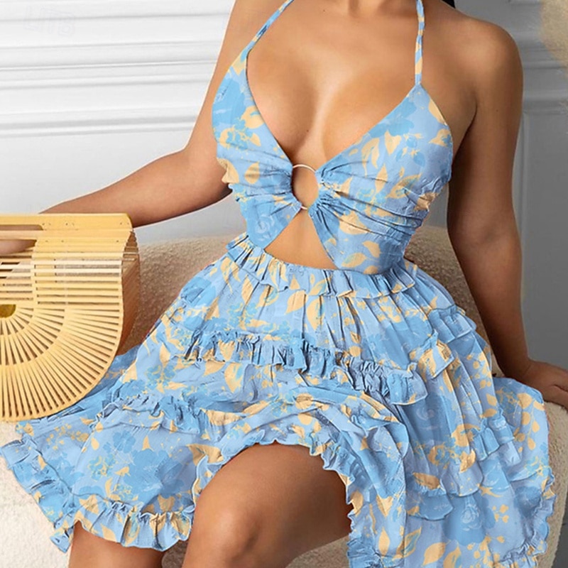Femmes Mini Robe Robe à Volants Robe Fleurie Robe Imprimée Mode Extérieur Vacances Sortir Coupe régulière Fleur Sans manches Col Halter Jaune Rose Claire Rouge Vert Été de 2025 ? $25.99 –P8