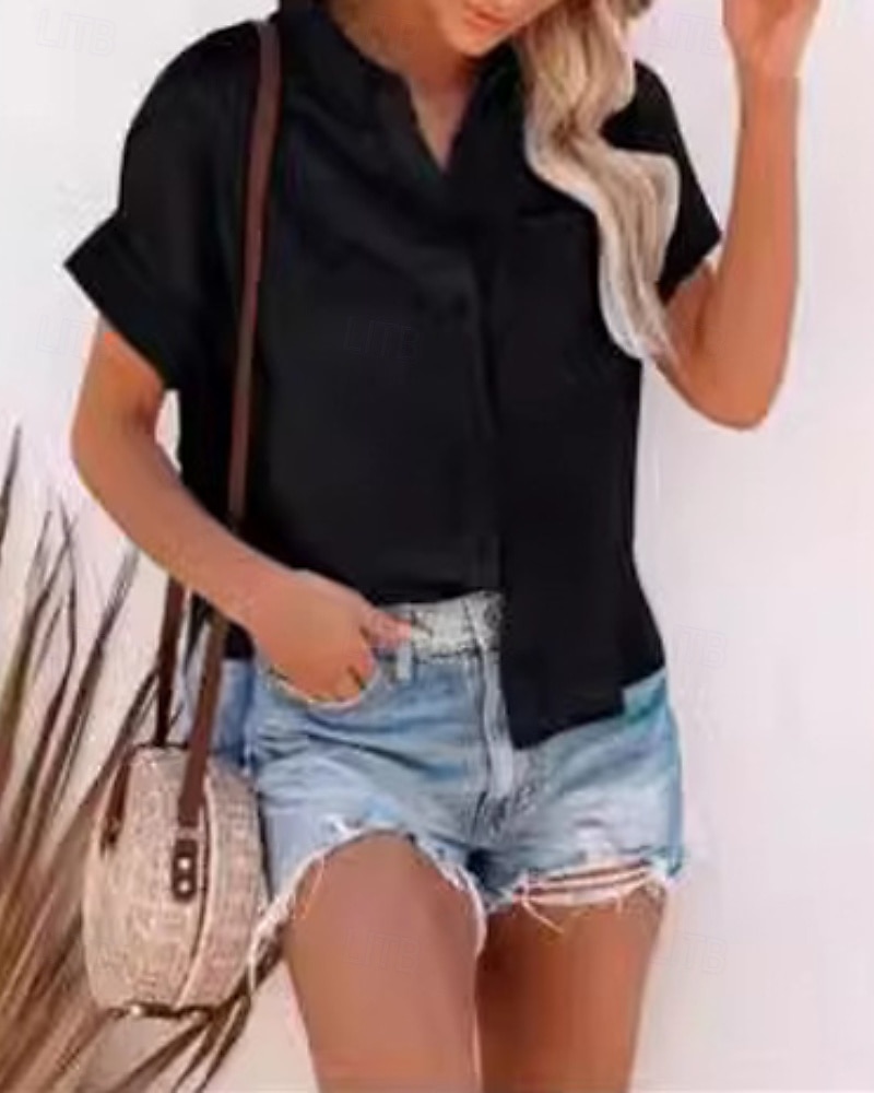 Per donna Camicie di cotone e lino Blusa Semplice Moderno Casual Manica Corta Colletto a Camicia Top Regolari Ferie Uscire Bottoni Tasca Nero Bianco Rosa Estate del 2025 a $24.99 –P7
