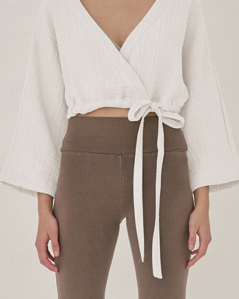 Dame Linskjorte Bluse عادي Fritid Langermet V-hals Crop Tops Daglig Ut på byen knyte foran Hvit Gul Brun Sommer 2025 - $36.99 –P15