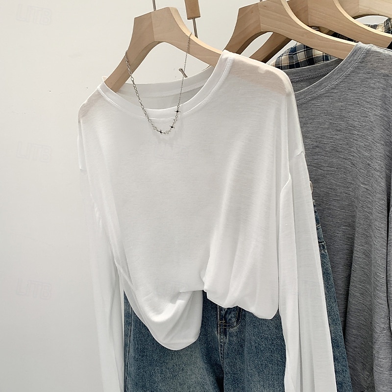 Women's T Shirt Plain Modern Casual Long Sleeve Crew Neck Regular Tops Daily Going out Black White Pink Blue Gray Summer 2025 - $16.49 –P1