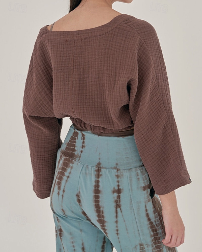Dame Linskjorte Bluse عادي Fritid Langermet V-hals Crop Tops Daglig Ut på byen knyte foran Hvit Gul Brun Sommer 2025 - $36.99 –P14