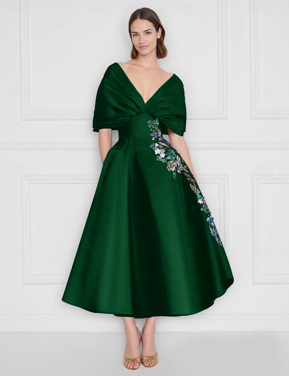 Robe cocktail A-Line bleue robe élégante formelle de mariage longueur cheville à manches courtes épaules dénudées en satin avec impression florale brodée poche de 2025 ? $148.99 –P4