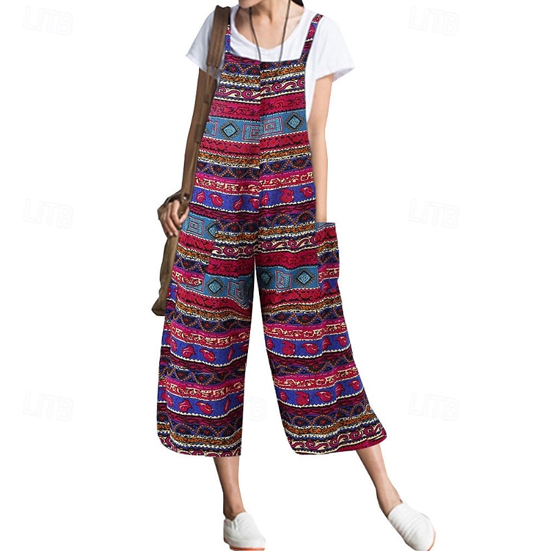 Dámské overaly inspirované lnem, laclové kalhoty, streetwear, květinový střih, bez rukávů, výstřih do U, kapsy, potisk, street, denní, regular střih, žlutá, světle zelená, červená, léto 2025 - $27.99 –P8