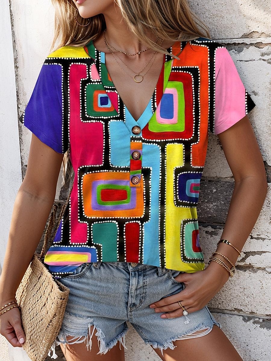 Women's T Shirt Graphic Geometric Stylish Casual Short Sleeve V Neck Regular Tops Daily Print Rainbow Summer Spring 2025 - $27.99 –P1