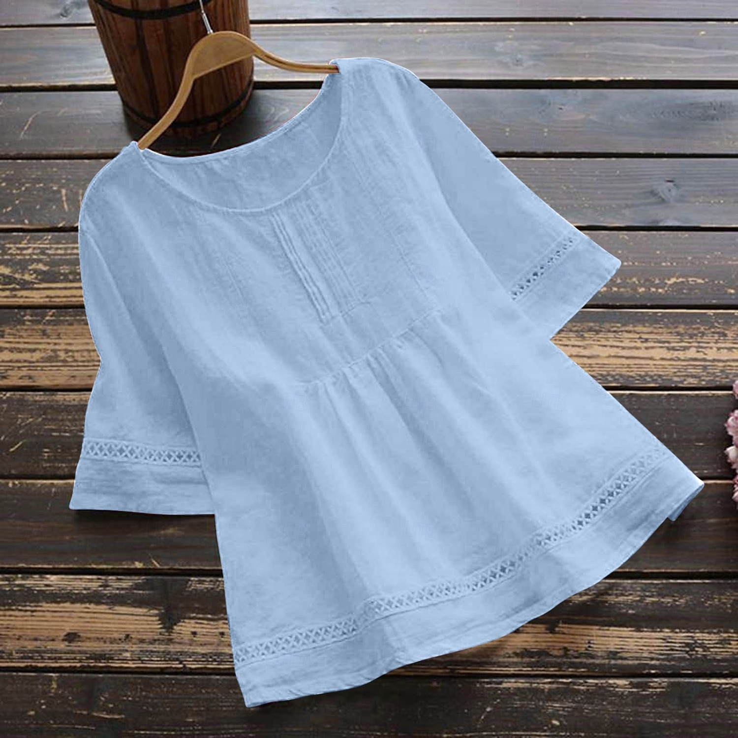 Damenbluse Peplum Einfarbig Stilvoll Lässig 3/4 Länge Ärmel Rundhals Reguläre Tops Täglicher Patchwork Weiß Rot Blau Grün Sommer 2025 - $22.99 –P7