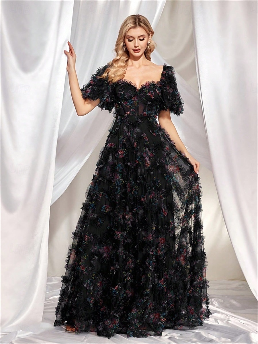 Rochii Invitată la Nuntă Rochie A-Line Corset Gât Îndulcit Mâneci Scurte cu Mâneci Burbă Lungime Podea Tulle cu Micro Volane 2025 - $189.99 –P13