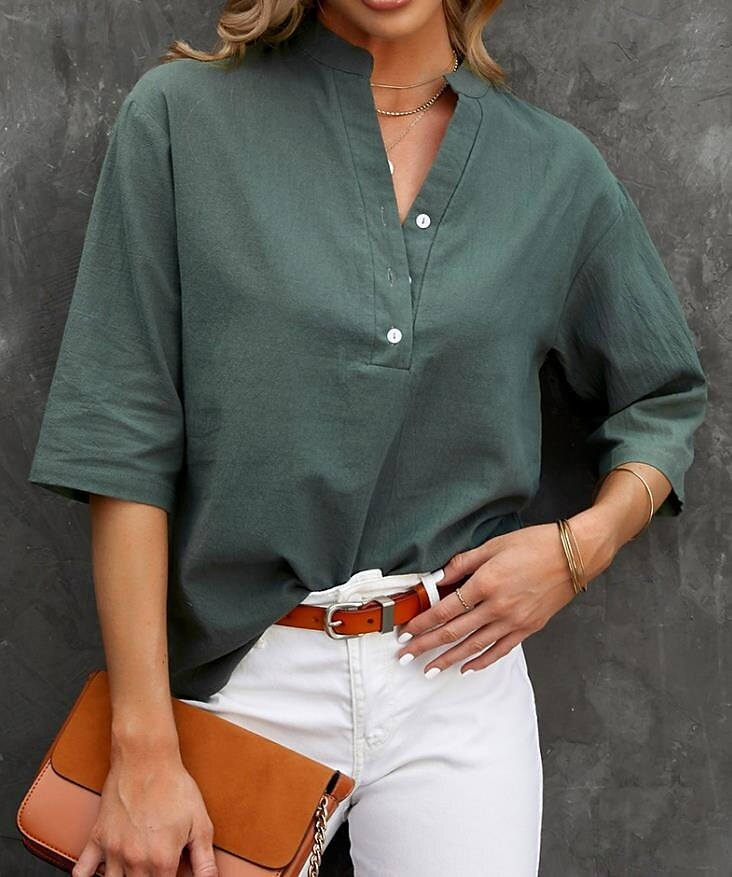 Mujer Camisa Color sólido Plano Bohemia Diario Elegante Manga 3/4 Cuello Alto Tops regulares Diario Festivos Noche Botones Negro Rosa Azul Piscina Morado Verde Trébol Verano Primavera 2025 - $17.99 –P3