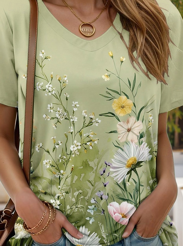 Dame T skjorte Blomstret Grafisk Planter Årgang Stilfull Klassisk Kortermet V-hals Vanlige topper Daglig Ut på byen Helg Trykt mønster Grønn Sommer Vår 2025 - $19.99 –P3