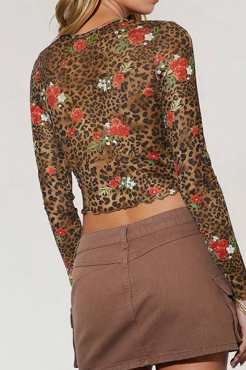 Pentru femei Tricou Leopard Modern Casual Manșon Lung Stil Nautic Crop Tops Zilnic Ieșire Imprimeu Maro Vară 2025 - $16.99 –P5
